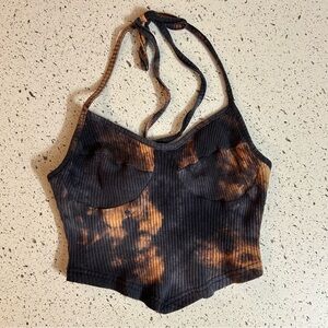 Black Acid Wash Tie Dye Halter Crop Top